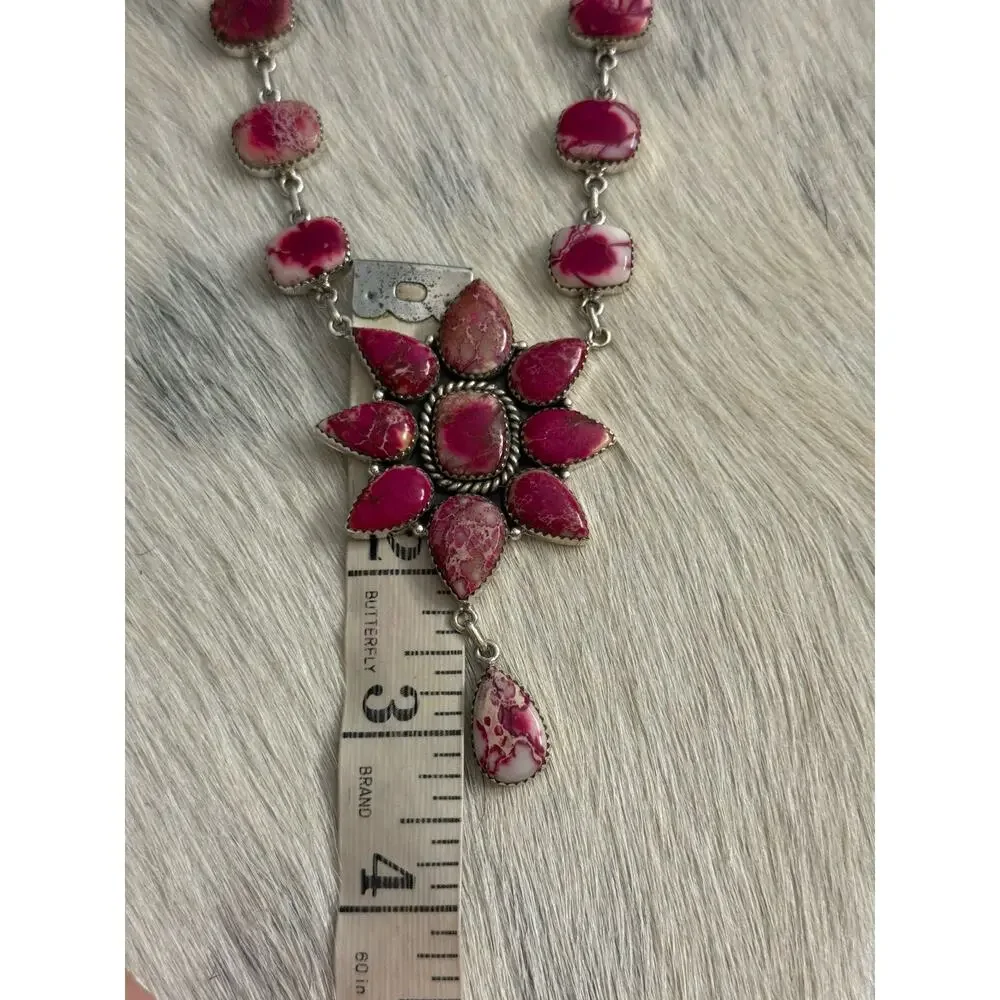 Native American SW Sterling Silver Pink Red Jasper Huge Cluster Necklace Lariat